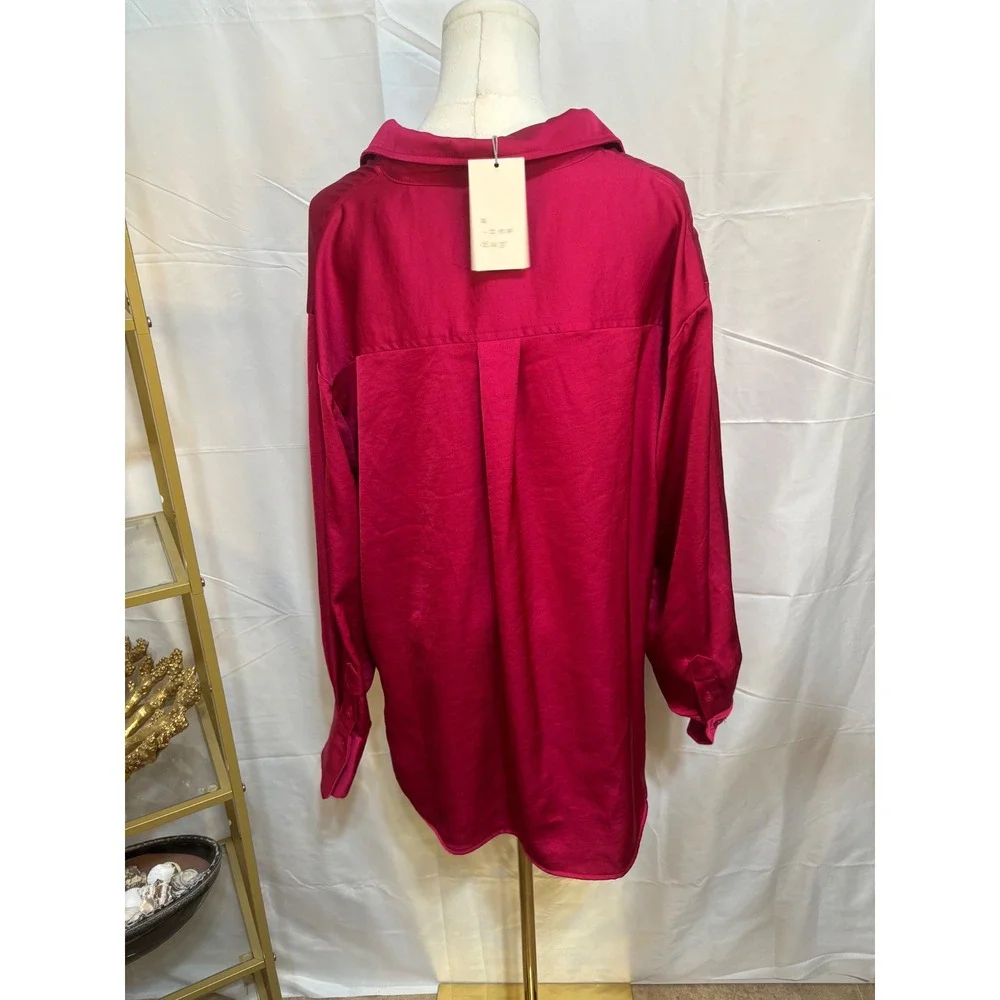 A New Day Womens XXL‎ pink Satin Button Down Long Sleeve Oversized Shirt NWT
